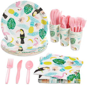 144-Piece Set of Tropical Paper Plates, Flamingo Napkins, Cups, Pink Cutlery for Hawaiian Luau Party Supplies, Summer Birthday Decorations, Disposable