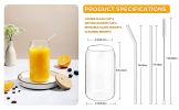 4 Set Glass Cups with Bamboo Lids and Straws, 20oz Can Shaped Drinking Beer Glasses, Iced Coffee Cups, Cute Tumbler with 2 Cleaning Brushes, Ideal for