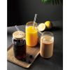 4 Set Glass Cups with Bamboo Lids and Straws, 20oz Can Shaped Drinking Beer Glasses, Iced Coffee Cups, Cute Tumbler with 2 Cleaning Brushes, Ideal for