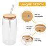 4 Set Glass Cups with Bamboo Lids and Straws, 20oz Can Shaped Drinking Beer Glasses, Iced Coffee Cups, Cute Tumbler with 2 Cleaning Brushes, Ideal for